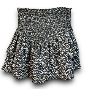 L Love High Waisted Ruffle Mini Skirt Smocked Waist Black Tan Spots Size Small